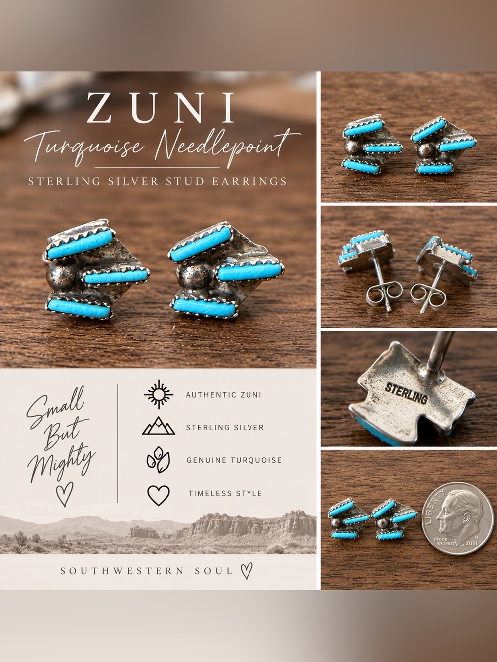 Zuni Sterling Silver Turquoise Needlepoint Stud Earrings